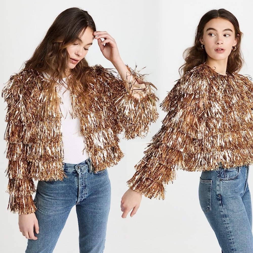 Alice + Olivia Fawn Metallic Gold Fringe Tinsel Jacket - Size XS